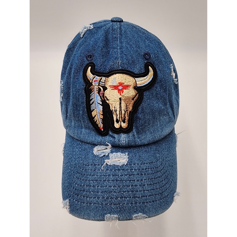 KB ETHOS VINTAGE DENIM DISTRESSED TRUCKER BASEBALL HAT CAP BULL SKULL PATCH